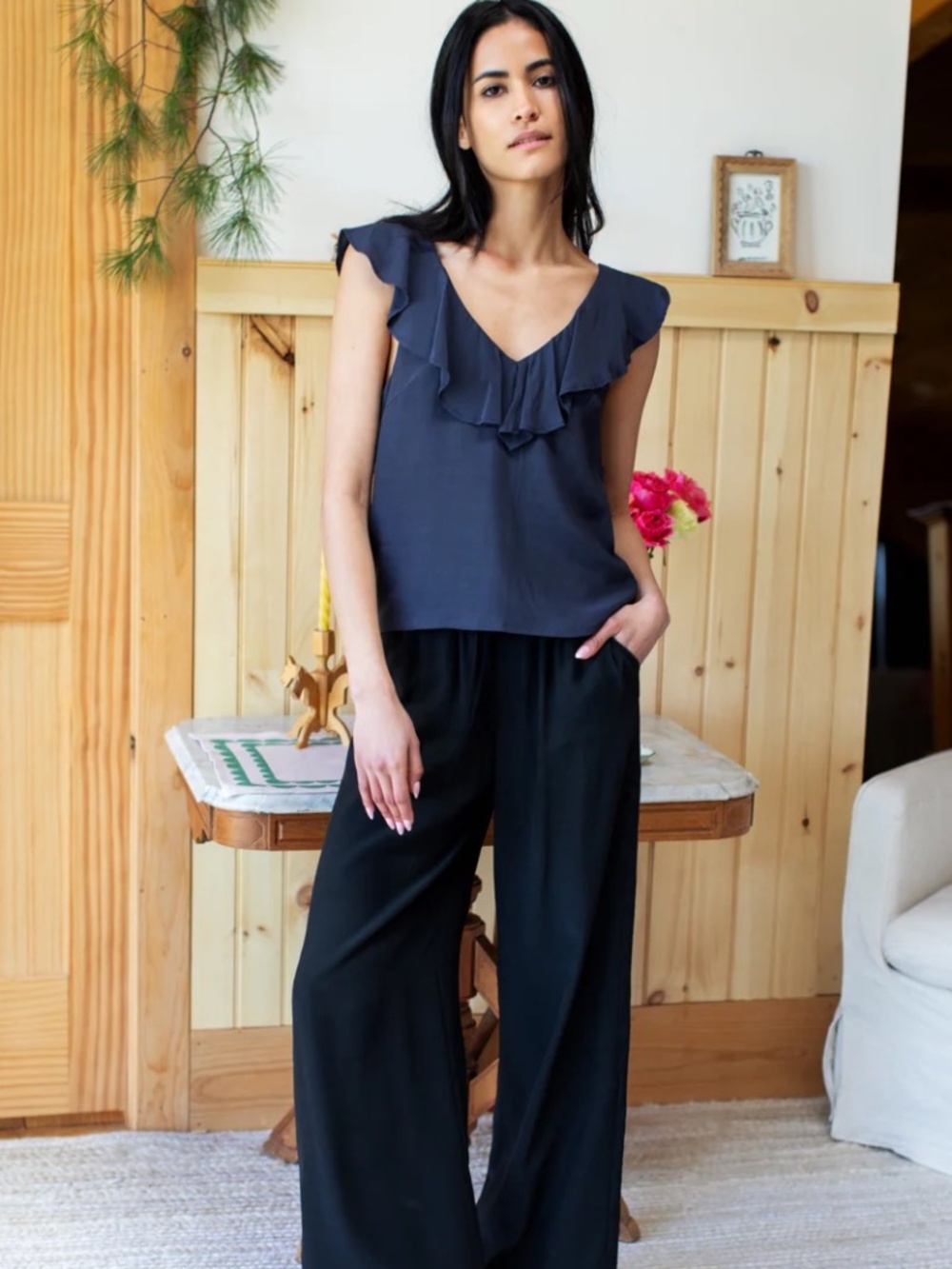 Emerson Fry Natasha Ruffle Blouse in Midnight Blue | Size Medium
